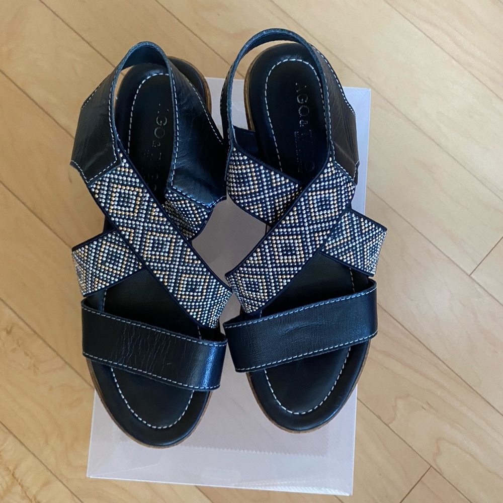 Black Leather Wedge Sandals with Geometric Straps - Picture 4 of 10